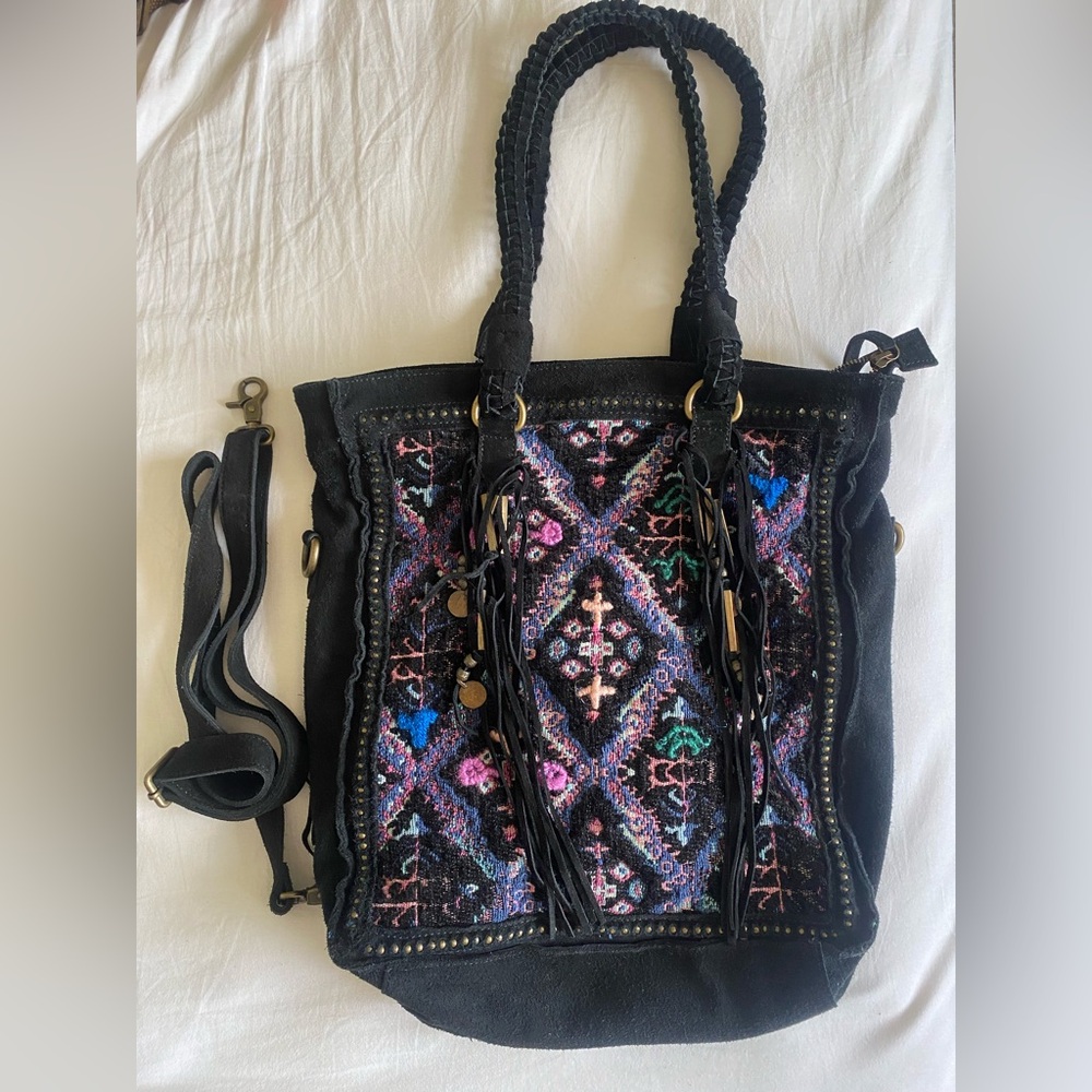 Free People Black Suede Tribal Sown and Studded Shoulder bag with added strap